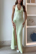 Trixiedress Halter V Neck Backless Slit Rose Applique Knit Maxi Dress
