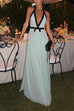 Trixiedress Deep V Neck Halter Backless Color Block Bow Maxi Dress