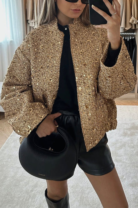 Trixiedress Stand Collar Zip Up Pocketed Sequin Jacket