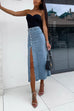 Trixiedress Button Down Slit Midi Denim Skirt