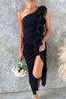 Trixiedress One Shoulder Slit Ruffle Mesh Maxi Dress