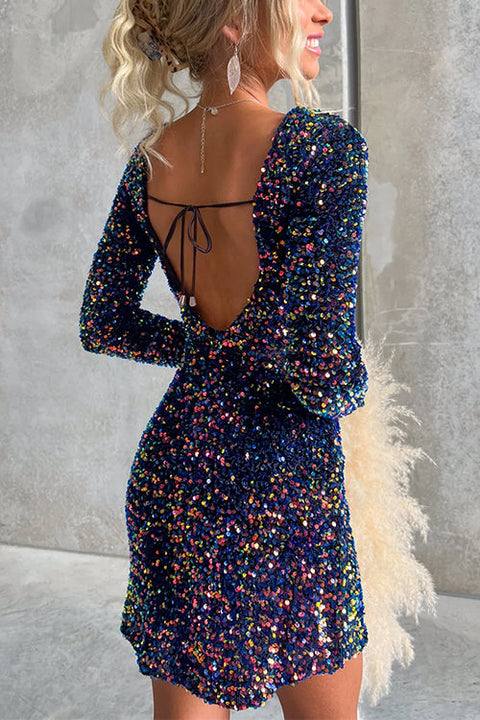 Long Sleeves Tie Backless Sequin Mini Party Dress