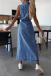 Trixiedress Sleeveless Button Down Tie Waist Pocketed Denim Midi Dress
