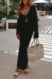 Trixiedress V Neck Long Sleeves Backless Crochet Hollow Out Knit Maxi Dress