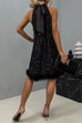 Trixiedress Halter Sleeveless Feather Hem Sequin Dress