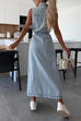 Trixiedress Sleeveless Button Down Tie Waist Pocketed Denim Midi Dress