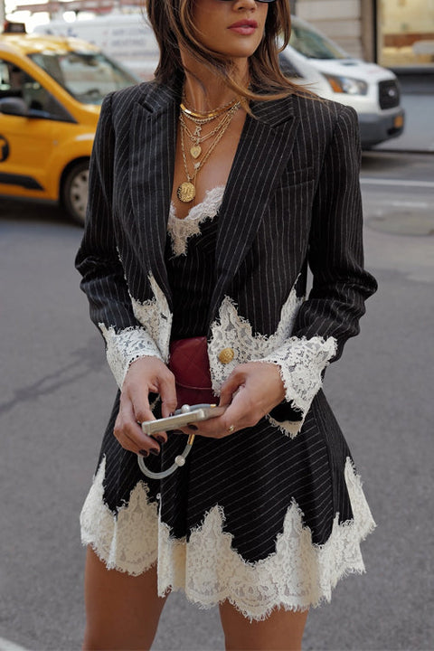 Trixiedress Single Button Striped Lace Trim Crop Blazer