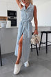 Trixiedress Sleeveless Button Down Tie Waist Pocketed Denim Midi Dress