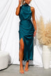 Trixiedress Turtleneck Sleeveless Waisted Slit Midi Satin Dress