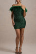Trixiedress Off Shoulder Feather Trim Sequin Mini Party Dress