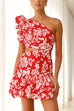 Trixiedress One Shoulder Cut Out Floral Print Ruffle Mini Dress