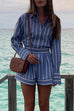 Trixiedress Striped Long Sleeves Curve Hem Shirt and High Rise Shorts Set