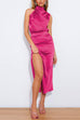 Trixiedress Turtleneck Sleeveless Waisted Slit Midi Satin Dress