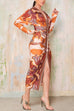 Trixiedress V Neck Long Sleeves Ruched Slit Printed Midi Dress