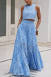Trixiedress Lace Hollow Out Crewneck Crop Tank Top High Waist Maxi Swing Skirt Set