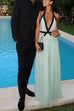 Trixiedress Deep V Neck Halter Backless Color Block Bow Maxi Dress