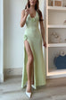 Trixiedress Halter V Neck Backless Slit Rose Applique Knit Maxi Dress