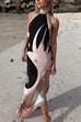 Trixiedress Halter Neck Open Back Asymmetric Hem Printed Satin Midi Dress