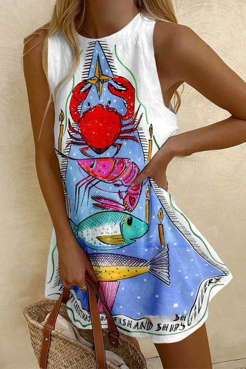 Trixiedress Crewneck Sleeveless Crab Shrimp Print Mini Dress