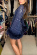 Trixiedress Stand Collar Feather Trim Sequin Mini Party Dress