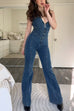Trixiedress Zip Up Sleeveless Heart Back Bell Bottom Denim Jumpsuit
