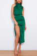 Trixiedress Turtleneck Sleeveless Waisted Slit Midi Satin Dress