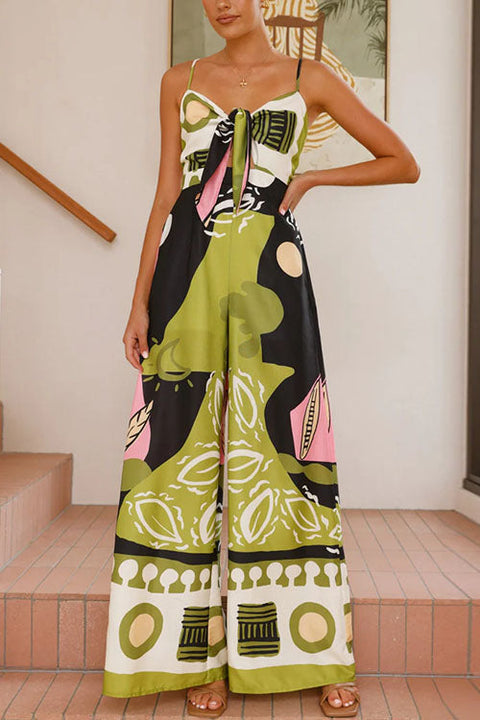 Trixiedress Tie Front Cut Out Wide Leg Printed Cami Jumpsuit