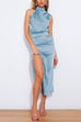 Trixiedress Turtleneck Sleeveless Waisted Slit Midi Satin Dress