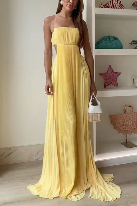 Trixiedress Spaghetti Strap Back Cut Out Pleated Maxi Dress