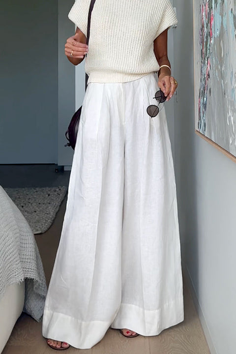Trixiedress Casual Pocketed Cotton Linen Wide Leg Palazzo Pants