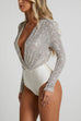 Trixiedress Wrap Deep V Neck Long Sleeves Sequin Bodysuit