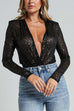 Trixiedress Wrap Deep V Neck Long Sleeves Sequin Bodysuit