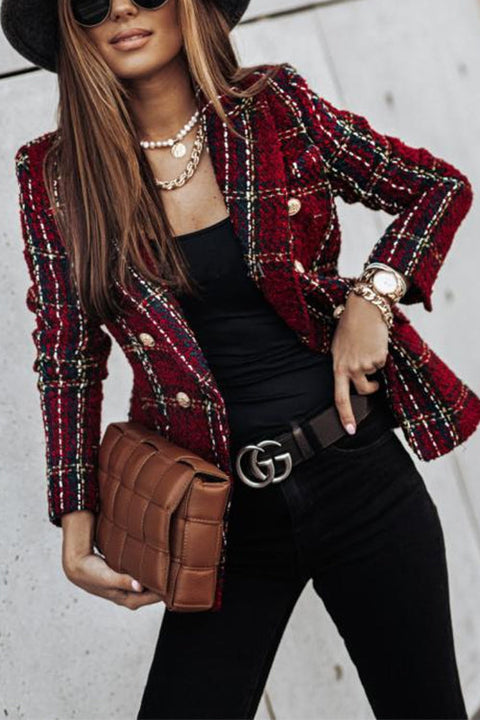 Trixiedress Double Breasted Open Front Plaid Blazer Jacket