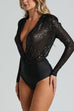 Trixiedress Wrap Deep V Neck Long Sleeves Sequin Bodysuit