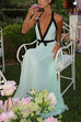 Trixiedress Deep V Neck Halter Backless Color Block Bow Maxi Dress
