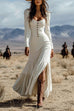 Trixiedress U Neck Buttop Up Long Sleeves Ruffle Slit Maxi Dress