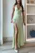 Trixiedress Halter V Neck Backless Slit Rose Applique Knit Maxi Dress