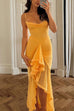 Trixiedress Spaghetti Strap Frill Trim Draped Slit Maxi Dress