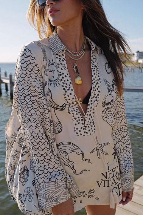 Trixiedress Collared V Neck Shirt and Side Slit Shorts Vitamin Sea Print Set