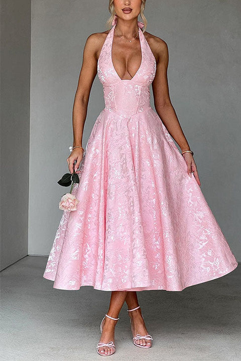 Trixiedress Halter V Neck Waisted Jacquard Swing Midi Party Dress