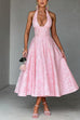 Trixiedress Halter V Neck Waisted Jacquard Swing Midi Party Dress
