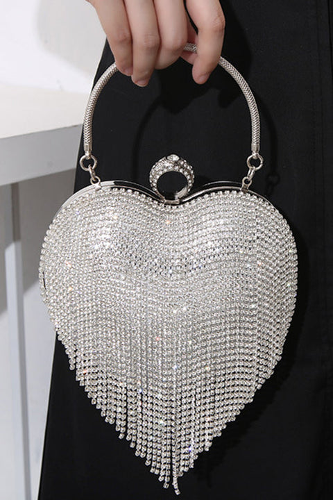 Trixiedress Luxury Heart Shape Rhinestones Tassel Evening Handbag