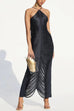 Trixiedress Chicest Halter Draped Fringe Maxi Party Dress
