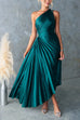 Trixiedress One Shoulder Cut Out Waist Pleated Satin Maxi Dress