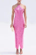 Trixiedress Chicest Halter Draped Fringe Maxi Party Dress