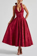 Trixiedress Halter V Neck Waisted Jacquard Swing Midi Party Dress