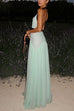 Trixiedress Deep V Neck Halter Backless Color Block Bow Maxi Dress