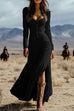 Trixiedress U Neck Buttop Up Long Sleeves Ruffle Slit Maxi Dress