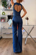 Trixiedress Zip Up Sleeveless Heart Back Bell Bottom Denim Jumpsuit