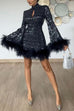 Trixiedress Stand Collar Feather Trim Sequin Mini Party Dress